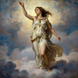 Full body oil painting of the beautiful goddess Gal Gadot as Persephone, she is wearing roman clothes and a surreal jewelry, her hair is natural disheveled, she is approaching heaven over the clouds, naturalism, dramatic lighting, high-detailed oil painting by Ilya Repin, Michelangelo da Caravaggio, William Blake, Alex Grey and Beksinski, trending on Artsation, hystorical painting, naturalism, masterpiece, 4k, 8k,