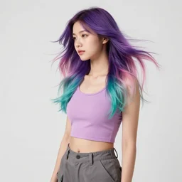 a award winning half body portrait of a beautiful woman in a croptop and cargo pants with ombre purple pink teal hairstyle with head in motion and hair flying listenin to music on headphones by wlop, paint splashes and splatter, outrun, vaporware, shaded flat illustration, digital art, trending on artstation, highly detailed, fine detail, intricate