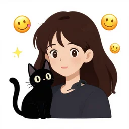 girl with black cat, sticker, emoji, white background, by rossdraws, ghibli