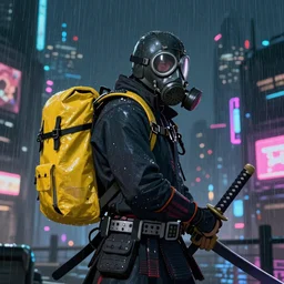 matte painting of a japan samurai in gasmask, with atomic yellow backpack, holding katana, cyberpunk city on the background, rainy night, neon glow concept art, smooth, sharp focus, illustration, by Smon Stolenhag, Peter Andrew Jones and Greg Rutkowski