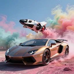 close - up lamborghini space starship landed behind to a car, beautiful background landscape, colored pastel powder plumes, ludek pesek, rick guidice, chesley bonestell, lucien rudaux, rolf klep, fred freeman, george pal, 4 k, super sharp