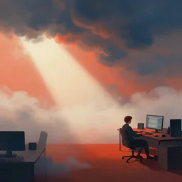 home office interior,, editorial illustration by karolis strautniekas and mads berg, liquid clouds, fog, lonely worker at computer, red orange blue beige, fine texture, detailed, muted colors, film noir, dramatic lighting, dynamic composition, vivid, matte print, wide angle, ( ( sunbeams ) ), moody, extreme perspective, remote work