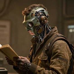 a rugged research engineer man with cybernetic enhancements, detailed reading mask, scifi character portrait by greg rutkowski, esuthio, craig mullins, 1 / 4 headshot, cinematic lighting, dystopian scifi gear, gloomy, profile picture, mechanical, half robot, implants, steampunk, warm colors