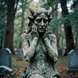 weeping demon statue in graveyard surrounded by beautiful forest, grainy film photo, cgsociety, octane render, trending on artstation, artstationHD, artstationHQ, unreal engine, 4k, 8k