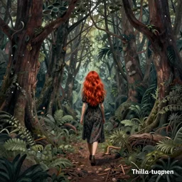 a ultra detailed illustration of a red + haired + girl wandering alone in a mysterious forest in the style of thomke meyer and julia plath, on instagram, intricate, fantasy, hyperdetailed
