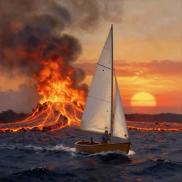 a man sailing in a small boat, through hell, fire, lava, sunset, by greg rutkowski and thomas kinkade