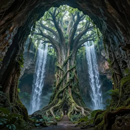 temple, cyber-futurist gothic architecture, inside an enormous vast cave, huge trees, vines, waterfall, style of Patrick Woodroffe, style of Paul Lehr, magical, sublime, realistic, dramatic, establishing shot, cinematic lighting, HDR, bold vivid colors