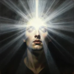 painting portrait of a person with a bright light beam emanating rays of light and totally covering their head, matte painting, masterpiece, by Caravaggio, desaturated, cosmic horror