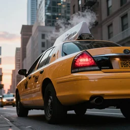 yellow taxi cab in New York street from the back, very low angle, red back taillights, steam, sunset in the background, CGsociety, exquisite detail, post-processing, masterpiece, volumetric lighting, cinematic, hypermaximalistic, high details, cinematic, 8k resolution, beautiful detailed, insanely intricate details, sharp edges, smooth focus, low angle, tilted