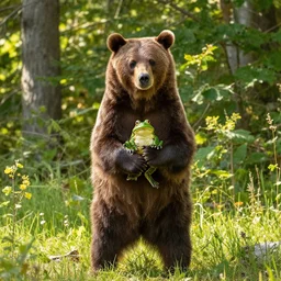 vibrant, beautiful, award - winning, of a bear holding a frog. daytime, sun light, forest, natural light, outdoors, long shot, wide shot, full shot,
