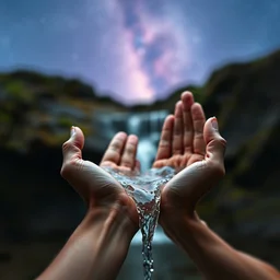 hands cupping a waterfall from the universe, bokeh, photoshoot, by henry buhl, tim booth