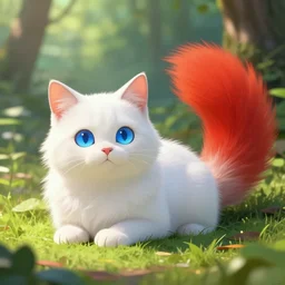 white cat with fluffy red tail like fox tail lying at sunny forest, wide blue eyes, high detailed, hyper realistic, unreal engine 5, anime illustration, fantasy, ray tracing