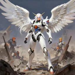 greg manchess painting of a 2 yorha type a no. 2 as mercy from overwatch!! in a wartorn environment, white long hair, large white wings, organic painting, trending on artstation, by huang guangjian and gil elvgren and sachin teng
