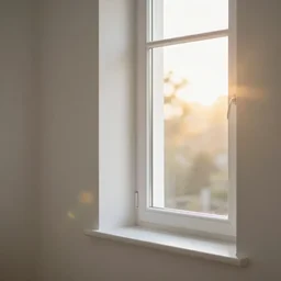 photo of interior design house, detail of a white window minimal style, sunday morning, sun, bokeh, flares, yellow light, professional photography, f 1. 2, 3 5 mm