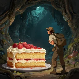 an adventurer finding a big delicious cake in a dark mysterious cave, digital art, highly-detailed, artstation cgsociety masterpiece