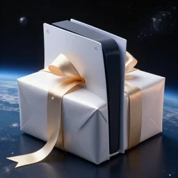 a playstation 4 in space wrapped with a ribbon like a present, realistic, detailed, hd photography
