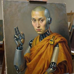 robot monk painting a self - portrait on a canvas. intricate, highly detailed, photorealistic, film still, by ilya repin.