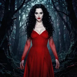 full body, pretty alyson hannigan, evil dead demon, evil dead movie poster, red dress, symmetrical eyes, symmetrical face, long curly black hair, trees, forest, branches, cinematic lighting, evil dead creature, scary, blood
