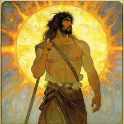 brave tribe man in ancient china with huge sun burning in background, painting by alponse mucha