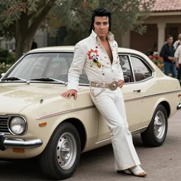 elvis leaning on a vintage ford capri. film still. 4 k hd image, trending on artstation, featured on behance, well rendered, extra crisp, features intricate detail, epic composition and the style of quintin tarantino.