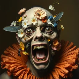 oil painting portrait of a mutant man with a strange disturbing face made of flowers and insects by otto marseus van schriek rachel ruysch christian rex van minnen dutch golden age
