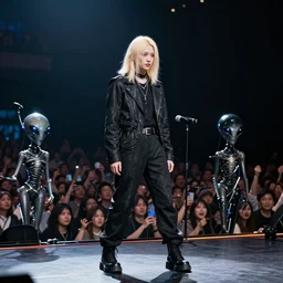waifish androgynous person with mid length blond hair on stage in front of an audience alien instruments zeiss lens masterpiece stage lighting photograph by torbjorn rodland high contrast rule of thirds 8 k realistic paint texture