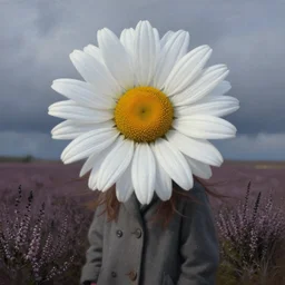 portrait, large daisy flower head, a girl wearing coat in heather field, surreal photography, wind and cold, dramatic sky, impressionist painting, digital painting, artstation, simon stalenhag