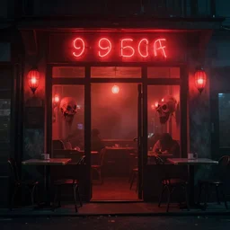 photograph of a hidden cafe by chris raimo art, scary, red lights, 1 9 1 6, fog, atmospheric