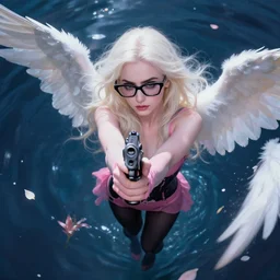 abeautiful + blonde + dragon queen + white hair + cool black glasses + holding pistol + tights + lily collins + black pink + angels, floating under the deep dream water, beautiful smooth soft light + white petal, oil paint, cinematic lighting, octane render, unreal engine 5, closeup, 4 k, highly detailed, instagram,
