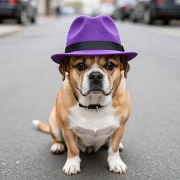 a dog in a purple fedora in a street