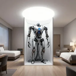 realistic illustration of a room, central perspective, liminal space hotel room with biomech techonlogical cabled cubicle at the center of the image, white studio light, volumetric light, artstation, hiroaki samura, jiro matsumoto, o yusuke murata, unreal engine, octane render, sharp focus high quality 8 k