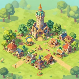 isometric video game, solarpunk village