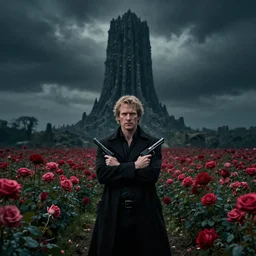 roland deschain standing in front of the dark tower in a field of roses, arms crossed across chest holding a gun in each hand