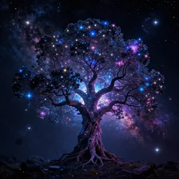 Tree in a galaxy made of stars, space, nebulas stars Dmt Psychedelic cosmos, cosmic, Hallucination, night sky; 8k, artstation, unreal engine, octane render, hdr, surrealistic, hyperrealism, glow, photorealistic, volumetric lighting, Dreamy, dynamic, mystical