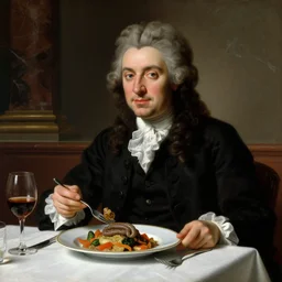 baroque oil portrait handsome aristocrat in elegant black suit in a restaurant eating cooked dune sandworm dish with vegetables, painted by cushart krentz jeremy mann peter paul rubens, wine glass, marble interior, close up shot, soft lighting, dark color scheme, white tablecloth, baroque style, volumetric lighting, photo realistic, highly detailed