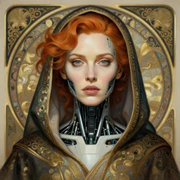 portrait of christina hendricks as a robot in ex machina, cyberpunk machine, machine face, robed, upper half portrait, decorated, intricate intense elegant highly detailed digital painting artstation concept art smooth sharp focus illustration, art by artgerm and greg rutkowski alphonse mucha 8 k