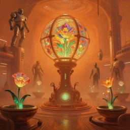 a minimalist bioluminescent oil painting by donato giancola, warm coloured, cinematic scifi luxurious futuristic foggy steam filled spaceport with a giant orb with microscopy stained glass flowers growing out of pretty bulbous ceramic fountains, gigantic pillars and flowers, maschinen krieger, beeple, star trek, star wars, ilm, star citizen, mass effect, artstation, atmospheric perspective