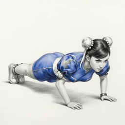 a detailed pencil sketch of a chun li cosplayer doing push - ups on a yoga mat, harsh sunlight, detailed close - up scene, artstation, wip