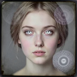 a beautiful young lady with huge bright silver eyes, colored vintage daguerreotype by pontormo, by bosch, by Mackintosh, by max ernst, by ernst heackel, contemporary art noveau, highly detailed, strong lights, liminal, eerie, Bright pastel colors