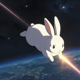a bunny rabbit in the science fiction anime series gundam by makoto shinkai, flying through space, cinematic, shooting star
