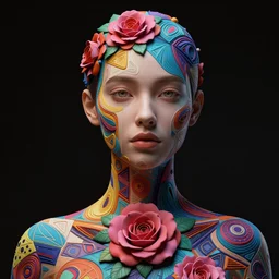 portrait of a pretty girl, with colorful geometric patterns, rose, intricate, volumetric dramatic light, dark black background, sharp focus, highly realistic, octane render, art by greg rutsowski