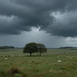 artwork of the cinematic view of a landscape of normandy by rene magritte, de - noise, stormy weather, thundery weather, couple of groves, sheep pasture, landscape view, depth of field, trending on artstation, background, nature
