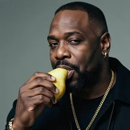 hyper realistic, high detail photo of rick ross eating a pear, beautiful, dreary lighting