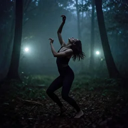 a smudged, scratched, grainy and blurry photograph showing the whole body of a human dynamically and frenetically dancing in the dark forest. it's a wild and unpredictable dance. in the foggy woods, night time, flash lights,