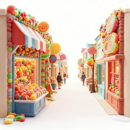 a shopping street made completely from different kinds of candy, created by Mark Keathley