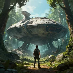 a man finding a ancient giant ruined alien spaceship in a forest, anime style, octane render, hyperrealistic, unreal engine 5, fancy lighting, trending on Artstation, highly detailed, high quality, post processed, 8K HDR, 3D render, concept art