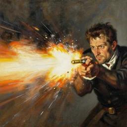 howard hamlin patrick fabian shot, muzzle flare, head exploding, bullet line, painting by phil hale, francisco goya,'action lines '!!!, graphic style, visible brushstrokes, motion blur, blurry, hd image