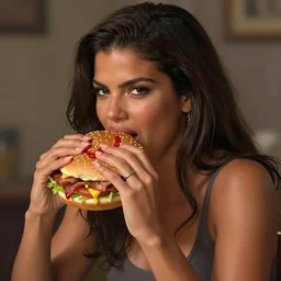portrait photography of Adriana Lima eating a giant hamburger, extra ketchup and mustard with overflowing bacon lettuce and tomato, cinematic lighting, highly detailed, feminine ethereal, D&D, hearthstone, digital painting, artstation, concept art, smooth, sharp focus, illustration, art by Terry Moore and Greg Rutkowski and Alphonse Mucha