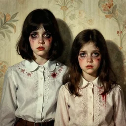 a beautiful and eerie pulp illustration of two beautiful but creepy siblings wearing oxford shirts in layers of fear, with haunted eyes and dark hair, 1 9 7 0 s, seventies, wallpaper, a little blood, morning light showing injuries, delicate embellishments, painterly, offset printing technique, by brom, robert henri, walter popp