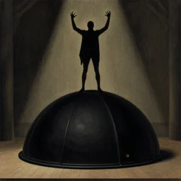 illustration of a black dome on a stage. a malevolent man stands on top of the dome grandstanding. art by gaston bussiere.